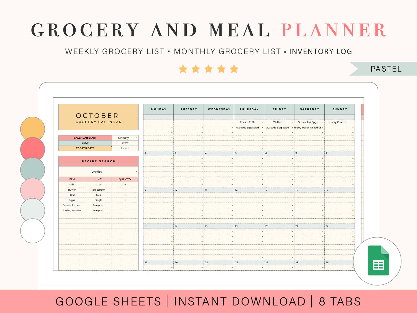 Digital Grocery List & Meal Planner | Google Sheets Spreadsheet Template