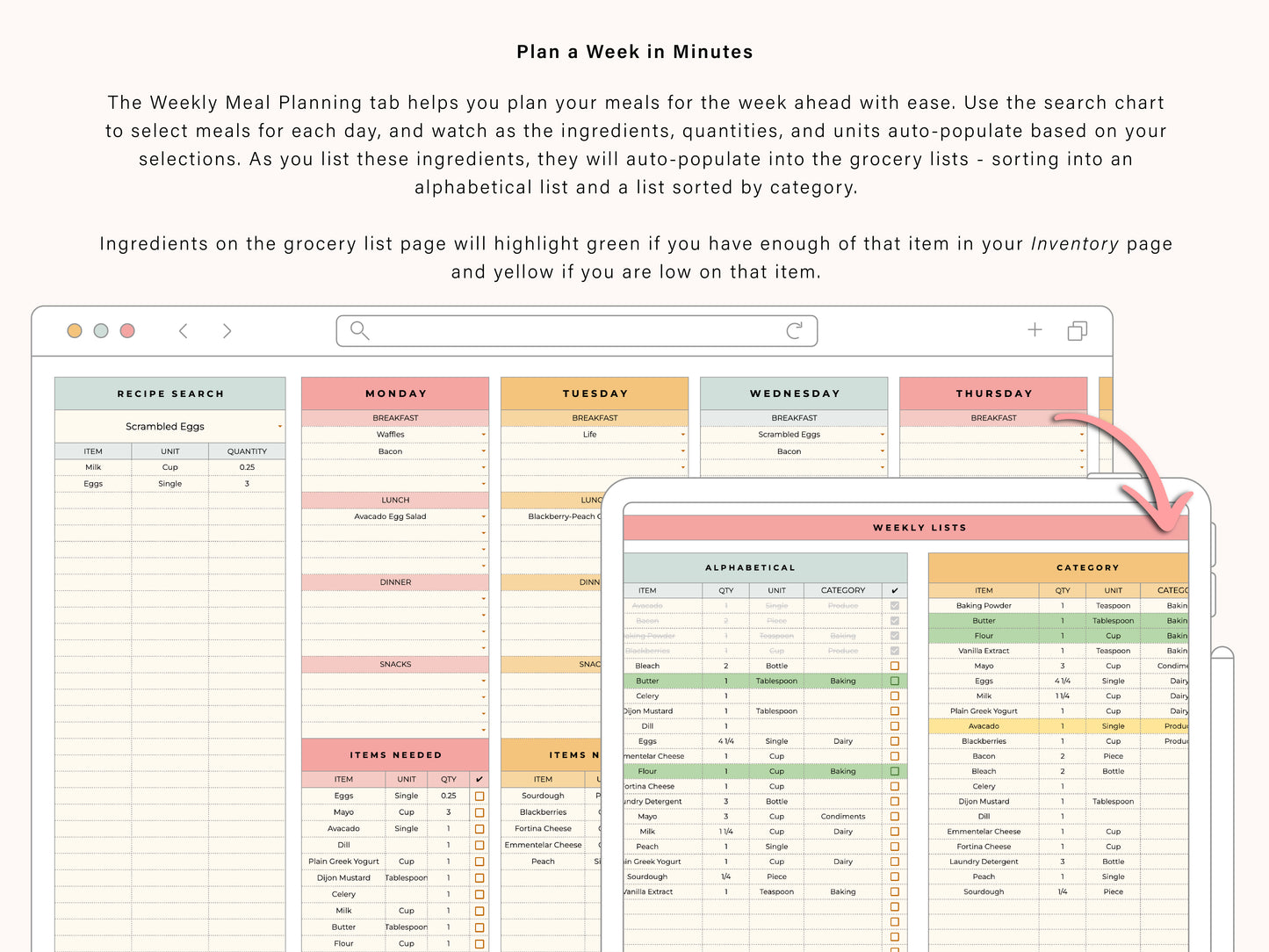 Digital Grocery List & Meal Planner | Google Sheets Spreadsheet Template