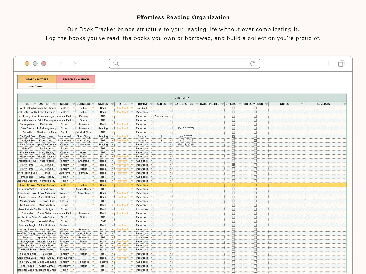 Book Tracking Spreadsheet | Google Sheets