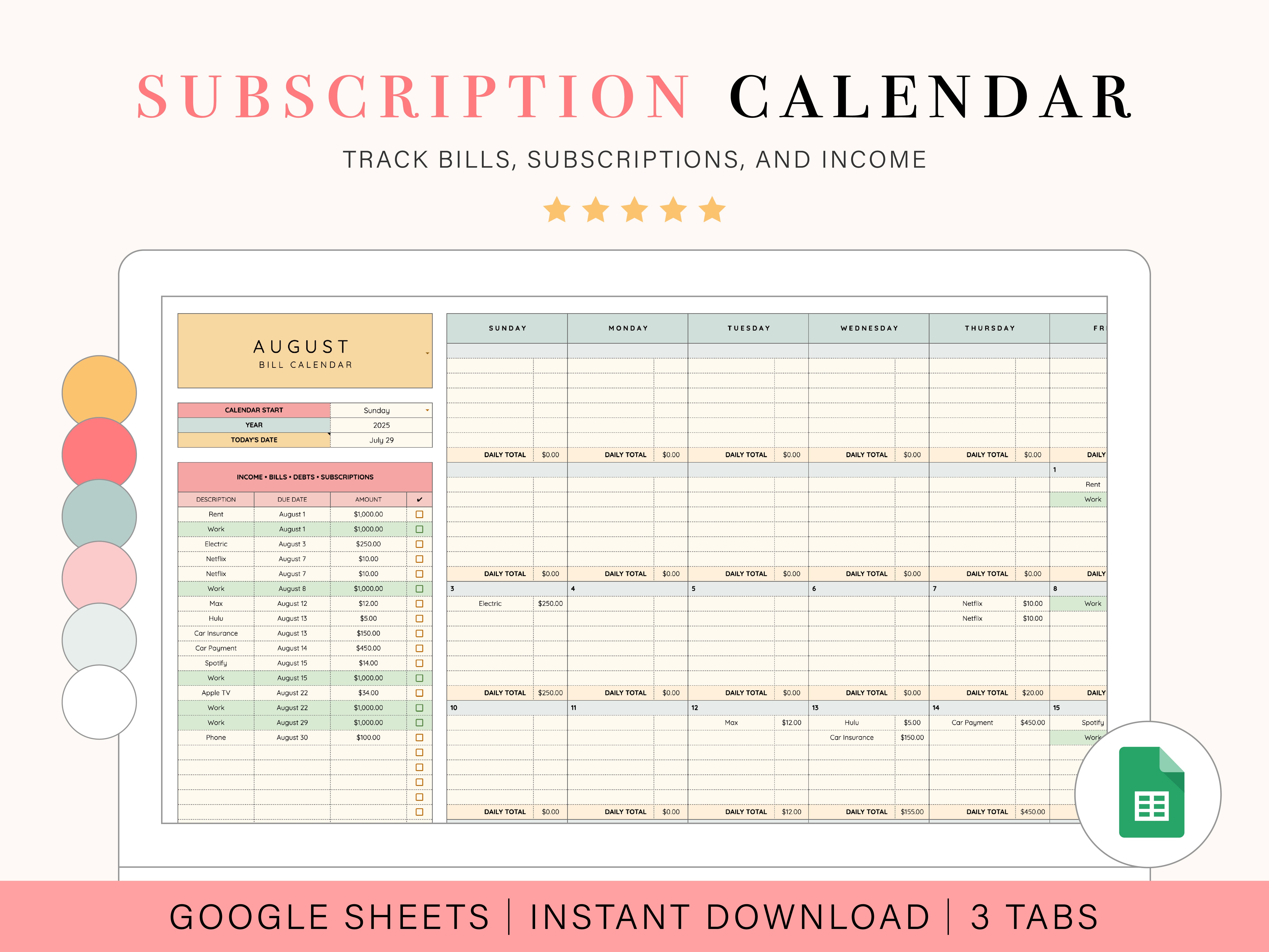 Subscriptions Spreadsheet Subscription Calendar Spreadsheet | Google Sheets Template – Tulip Rd ...