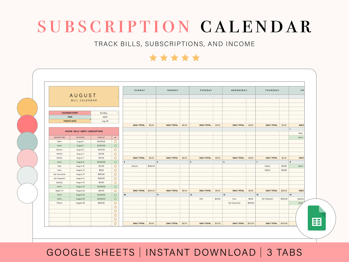 Subscription Calendar Spreadsheet | Google Sheets Template
