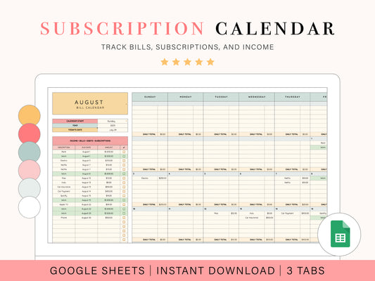 Subscription Calendar Spreadsheet | Google Sheets Template
