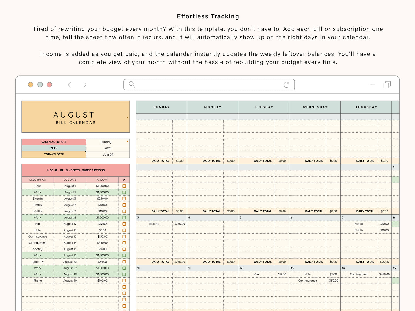 Subscription Calendar Spreadsheet | Google Sheets Template