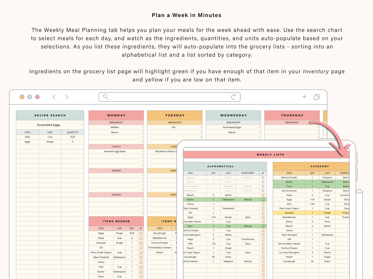 Digital Grocery List & Meal Planner | Google Sheets Spreadsheet Templa ...