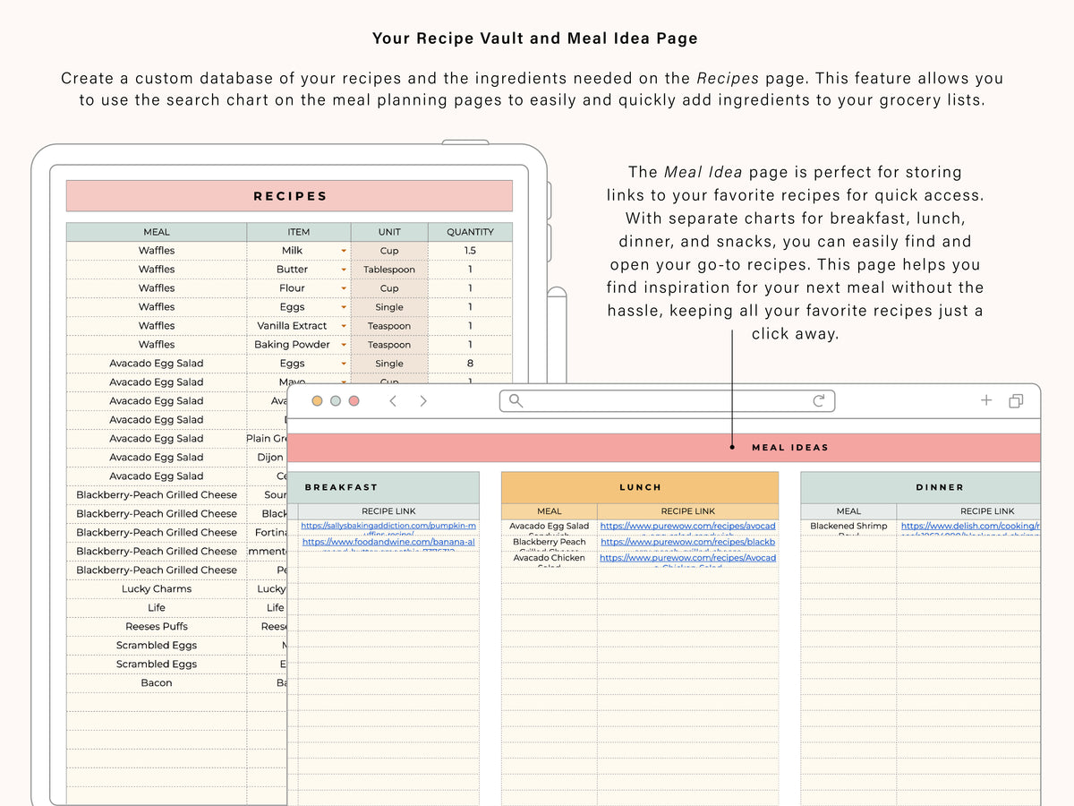 Digital Grocery List & Meal Planner | Google Sheets Spreadsheet Templa ...