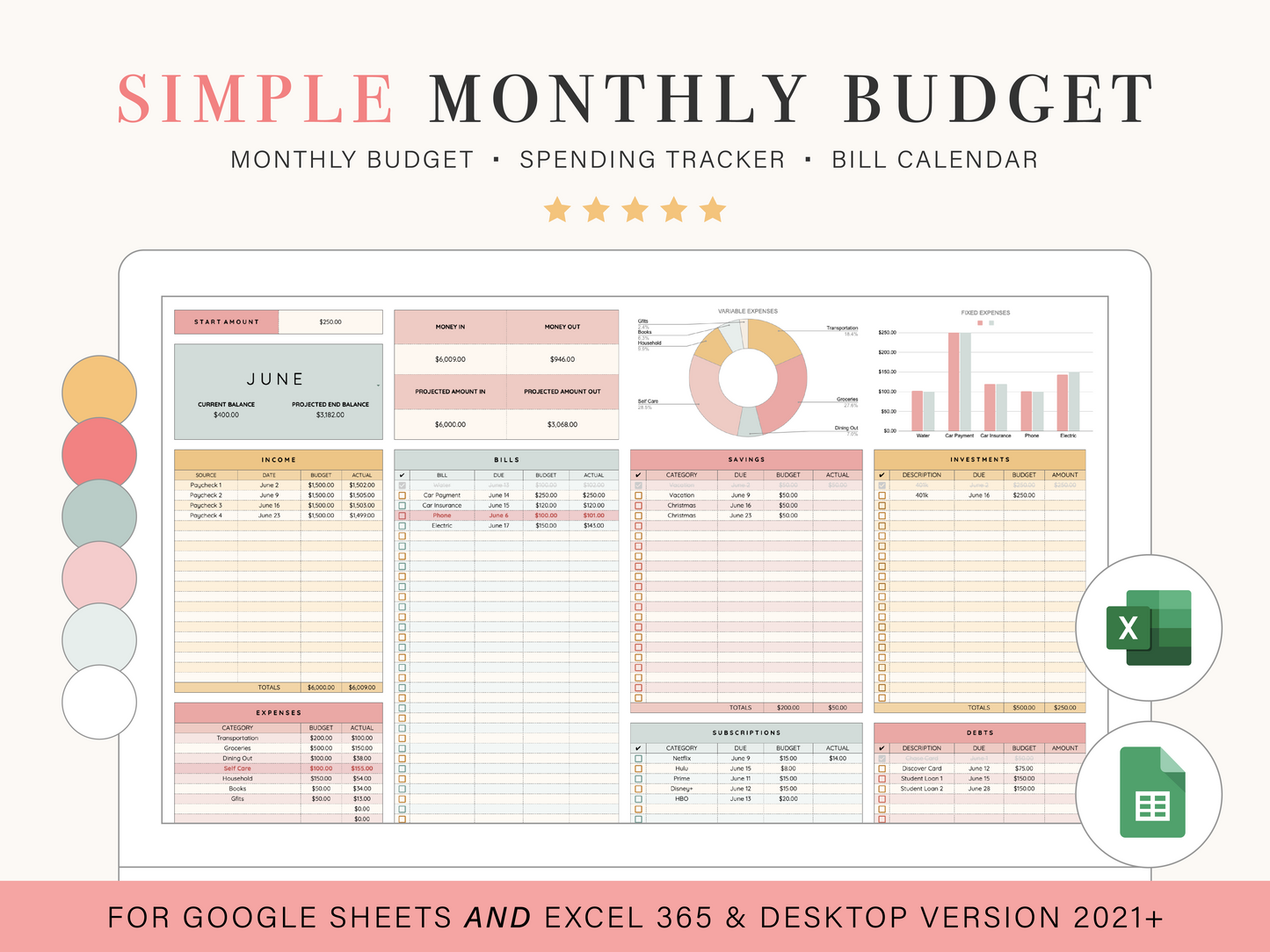 Monthly Budget Spreadsheet | Google Sheets and Excel Template