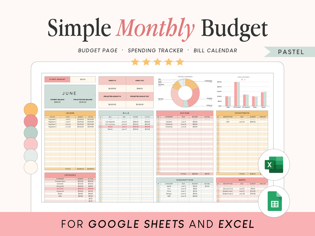 Monthly Budget Spreadsheet | Google Sheets and Excel Template