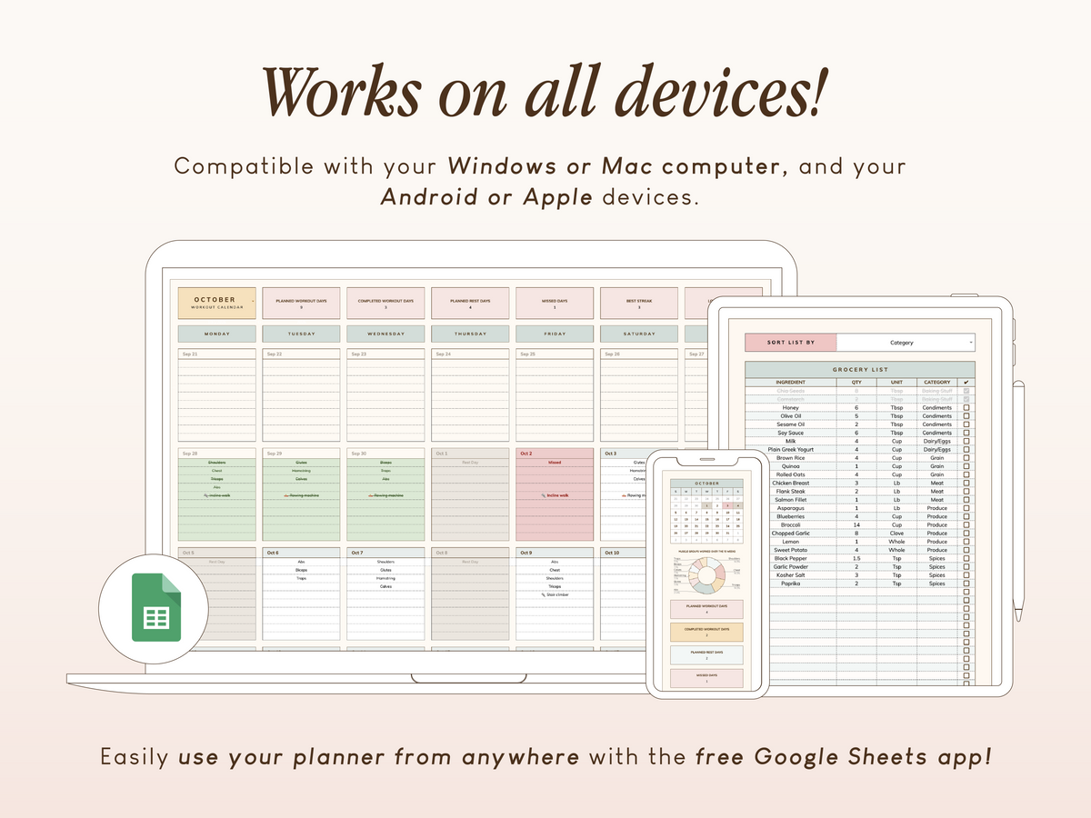 Workout Planner Spreadsheet with Macros Meal Planner | Google Sheets Template