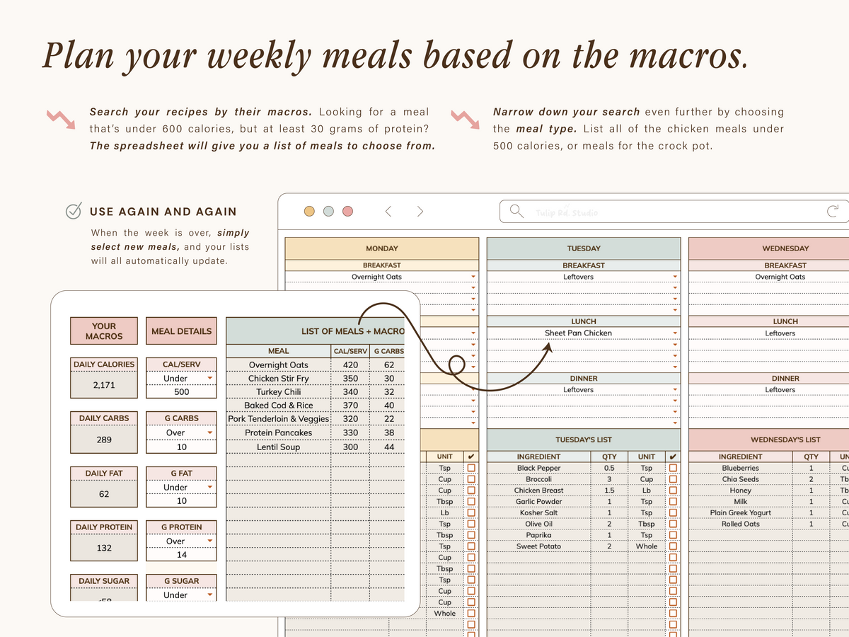 Workout Planner Spreadsheet with Macros Meal Planner | Google Sheets Template