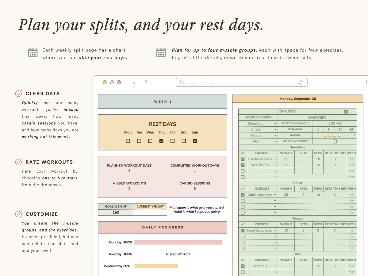 Workout Planner Spreadsheet with Macros Meal Planner | Google Sheets Template