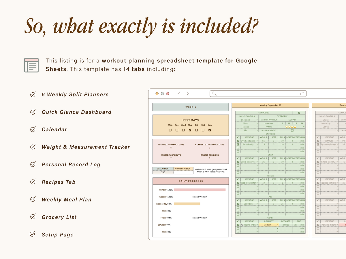 Workout Planner Spreadsheet with Macros Meal Planner | Google Sheets Template